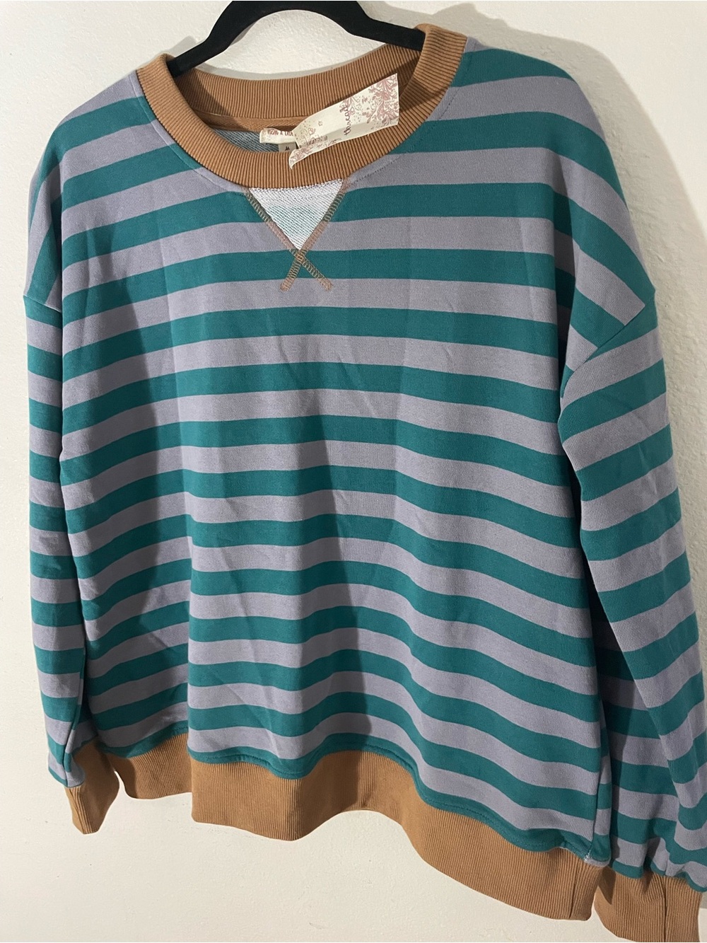 Hem & Thread Teal and Gray Striped Crewneck with Tan Trim